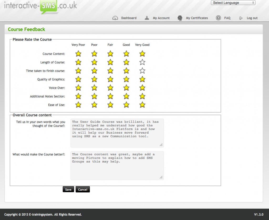 This picture shows the Feedback questions that has been assigned to this course.